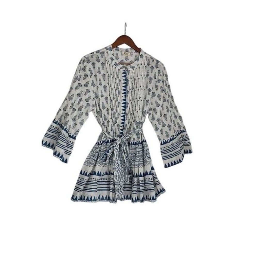 RHEA Blue White Block Print 100% Cotton Blouse L/XL Boho Bell Sleeve Tie Artisan